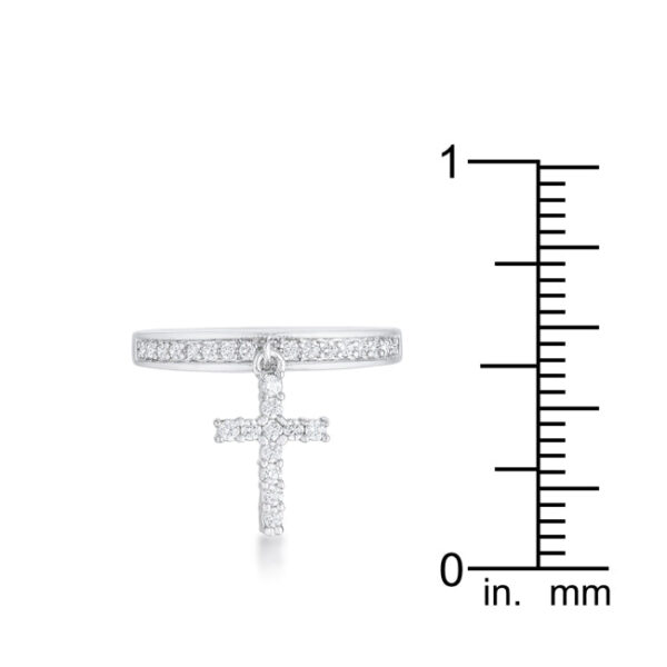 Cross charm ring with round cubic zirconia totaling 0.2 ct in a channel setting.