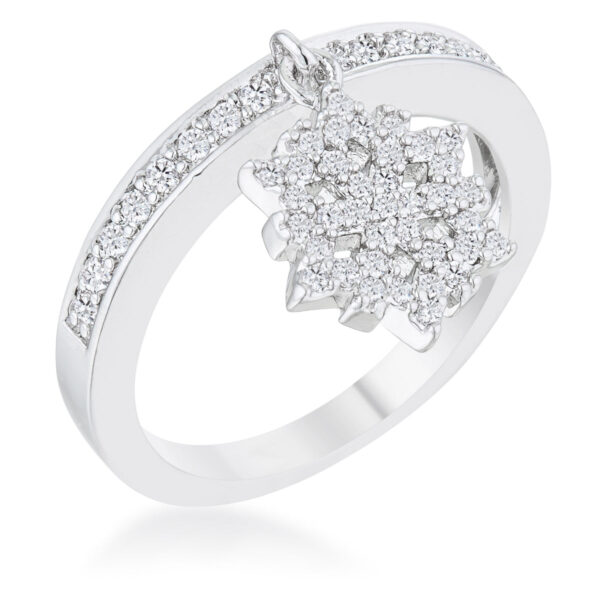 Snowflake motif band ring in rhodium plated over lead free alloy (brass) with pave-set round cubic zirconia.