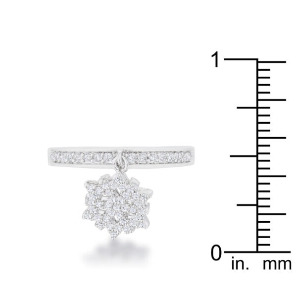 Pave-set round cubic zirconia on a snowflake band ring in rhodium plated over lead free alloy (brass).