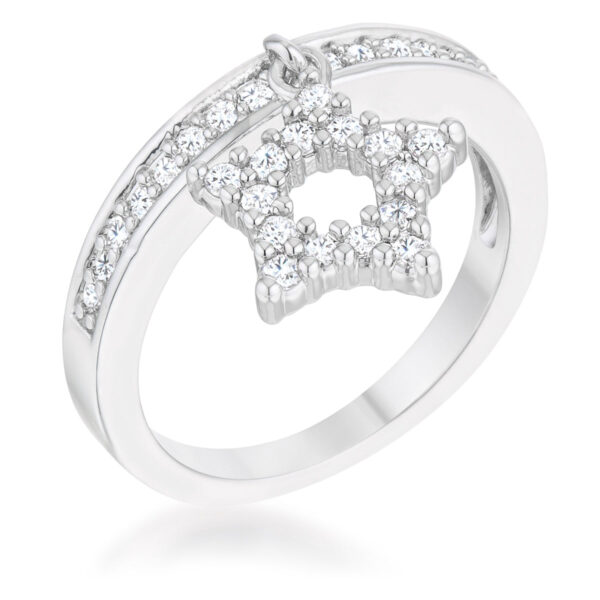 Star charm band ring with round cubic zirconia in a pave setting, viewed from above