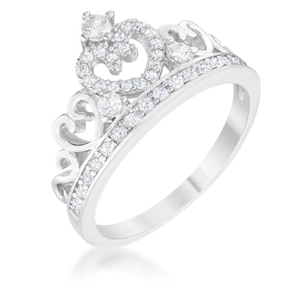Heart crown ring with round 1.15 Mm cubic zirconia accent stones and rhodium plated over lead free alloy (brass)