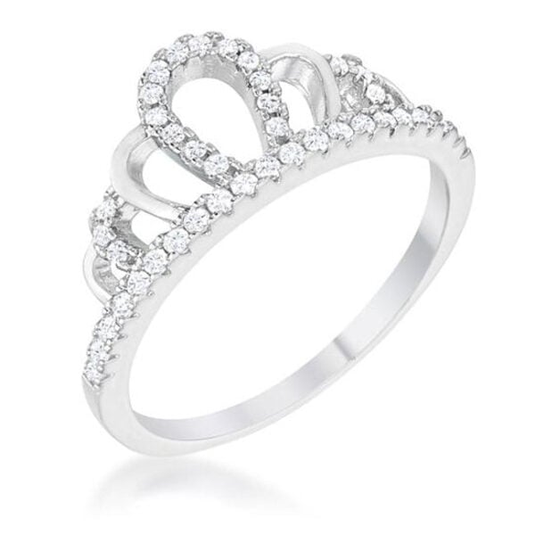 Crown ring in rhodium plated over lead free alloy (brass) with round 1 Mm cubic zirconia totaling 0.2 ct.