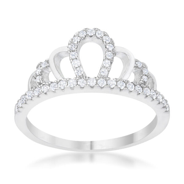 Classic crown ring in rhodium plated over lead free alloy (brass) with round cubic zirconia.
