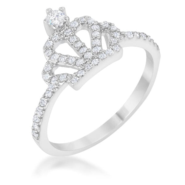Classic crown ring in rhodium plated over lead free alloy (brass) with round cubic zirconia.