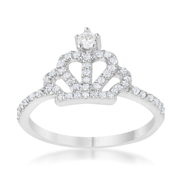 Rhodium plated over lead free alloy (brass) crown ring with round cubic zirconia and a 1.6mm band.