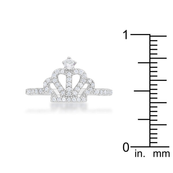 Round cubic zirconia accent stones on a rhodium plated over lead free alloy (brass) classic crown ring.