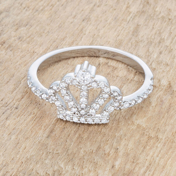 Rhodium plated over lead free alloy (brass) crown ring with round 1.15 Mm cubic zirconia accent stones.
