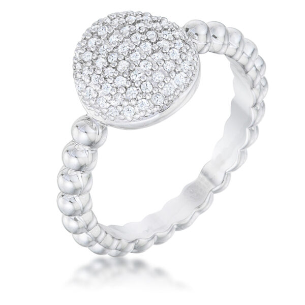 Rhodium plated ring set with round cubic zirconia stones, shown face-on