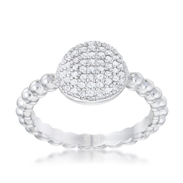 Rhodium plated CZ ring photographed at an angle to show the stone arrangement