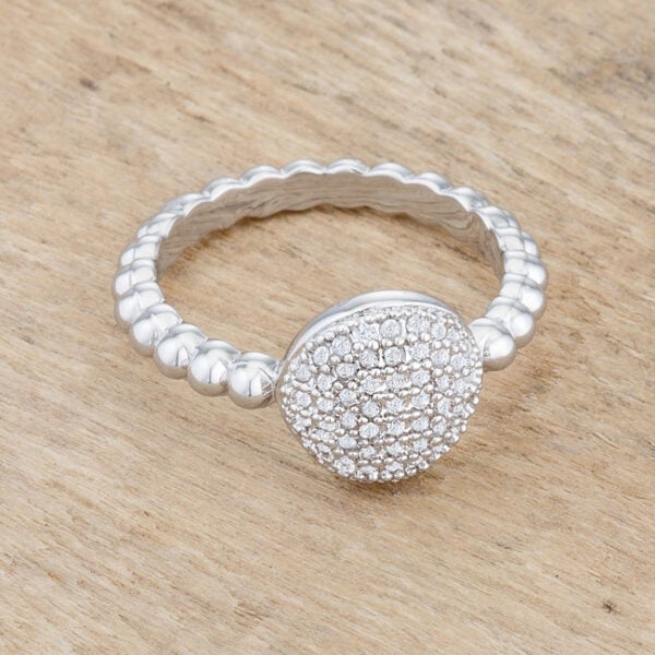 Rhodium plated CZ ring displayed to show its overall shape and proportions