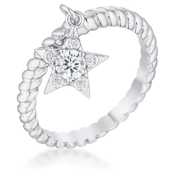 Star-shaped ring with rhodium plated finish and cubic zirconia stones, front view