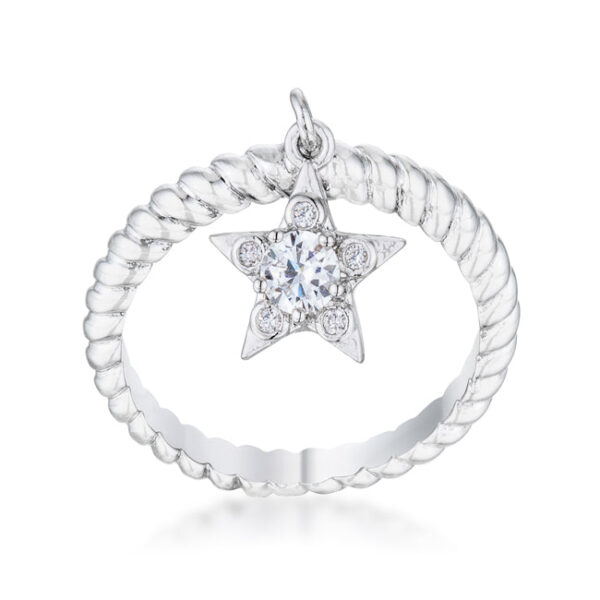 Star charm ring shown at an angle, showing the rhodium plated surface