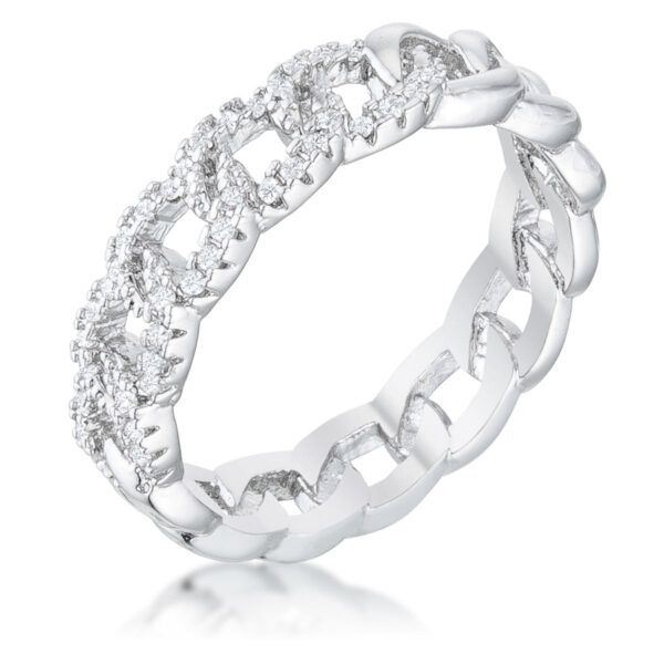 Ring with interlocking chain links set with cubic zirconia stones, rhodium plated finish