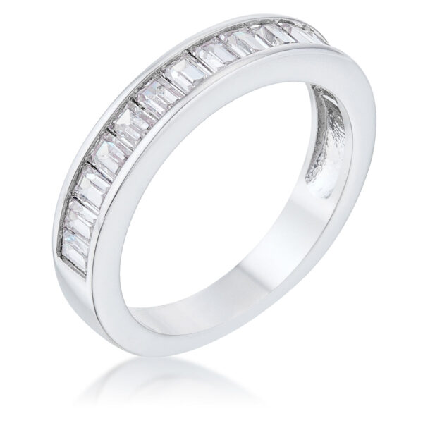 Baguette cut cubic zirconia rhodium wedding band shown from above on a plain background