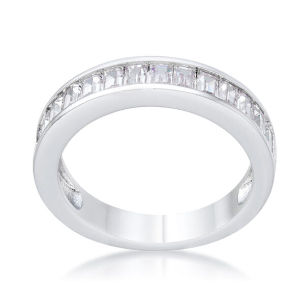 Side angle of the rhodium wedding band showing the baguette stones and band profile