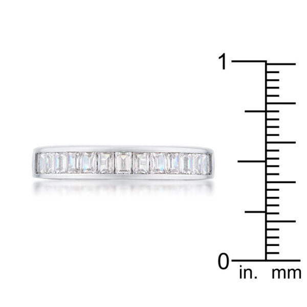 Close-up of the baguette cut cubic zirconia stones set in the rhodium band