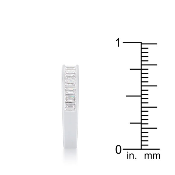 Rhodium wedding band displayed upright to show the full band and stone row