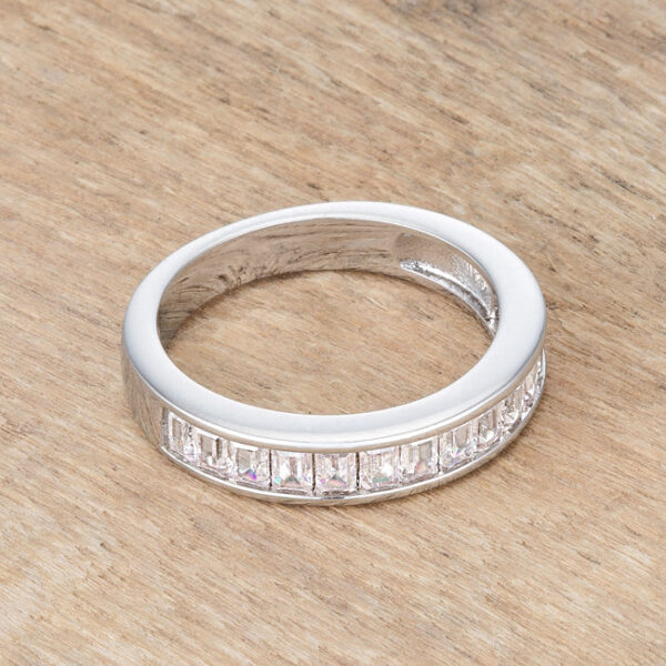 Rhodium wedding band photographed at an angle to show depth and stone setting