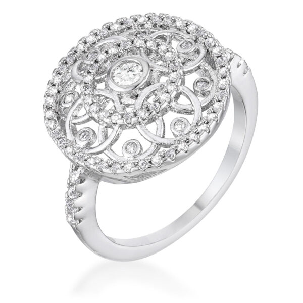 Interlocking circles ring with round 2.5mm prong-set cubic zirconia, 0.5 ct total weight, rhodium plated over lead free alloy (brass).