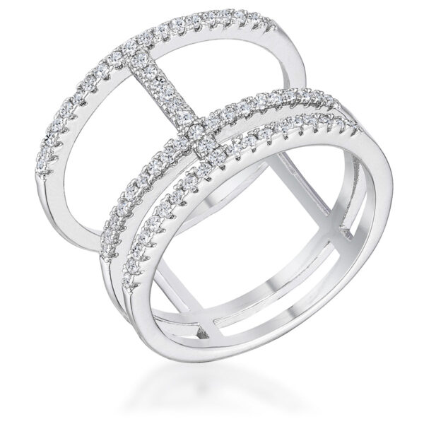 Parallel ring in rhodium plated over lead free alloy (brass) with round cubic zirconia in prong settings.