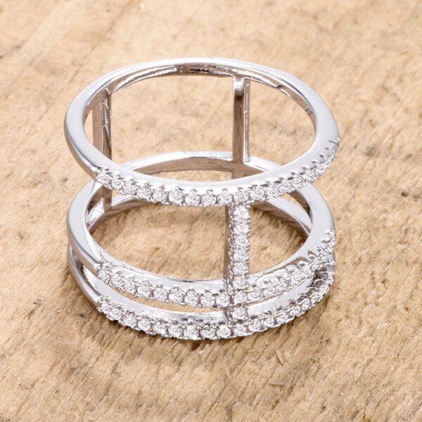 Classic parallel ring in rhodium plated over lead free alloy (brass) with 1.12mm round cubic zirconia.