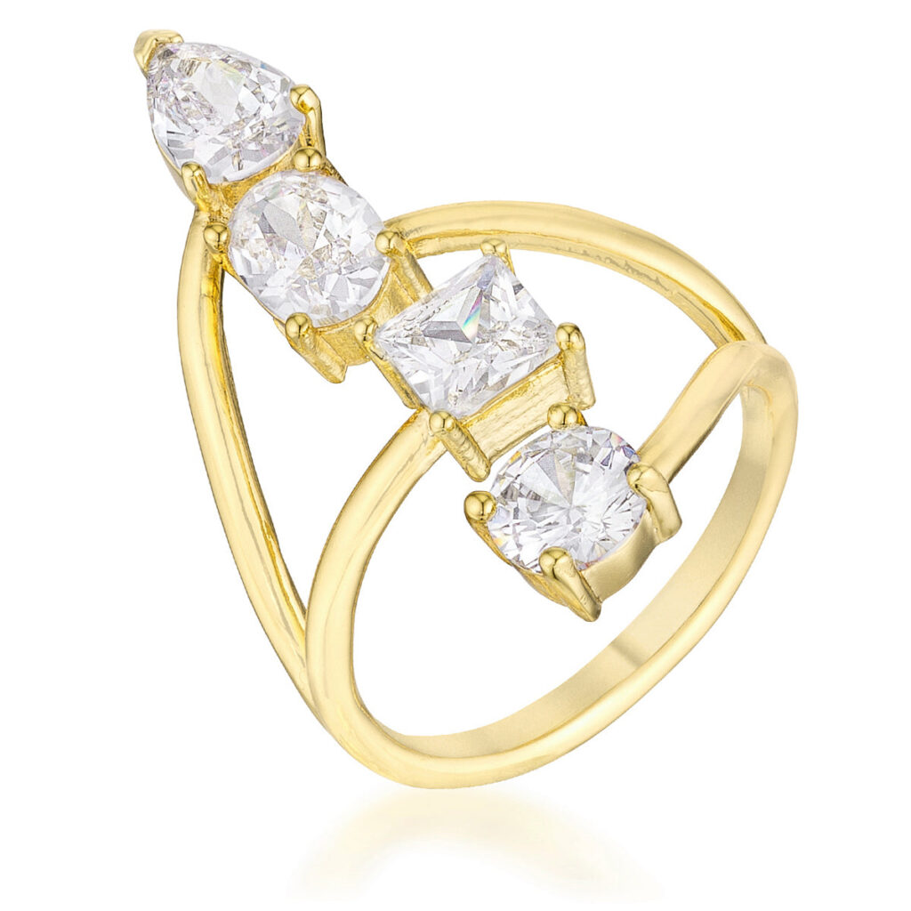 Open-band goldtone ring with four graduated clear stones in pear, round, square, and round shapes