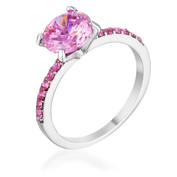 Pink round cubic zirconia pave ring with 2.3 ct total weight and rhodium plated over lead free alloy (brass).