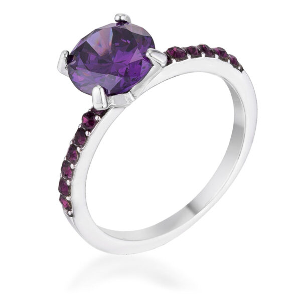 Classic ring with round 8mm amethyst-colored cubic zirconia in a Pave setting, rhodium plated over lead free alloy (brass).