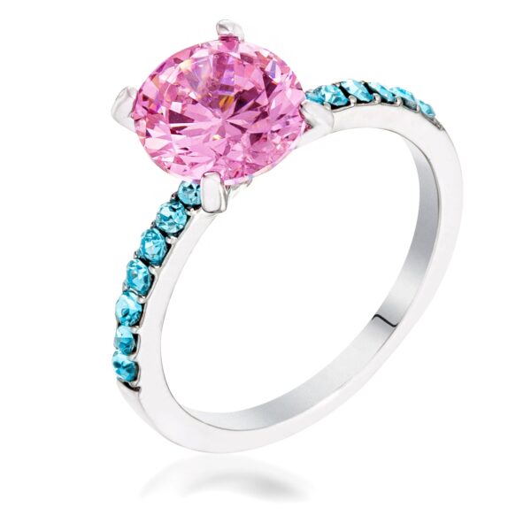 Pink and aqua round cubic zirconia Pave ring, rhodium plated over lead free alloy (brass).