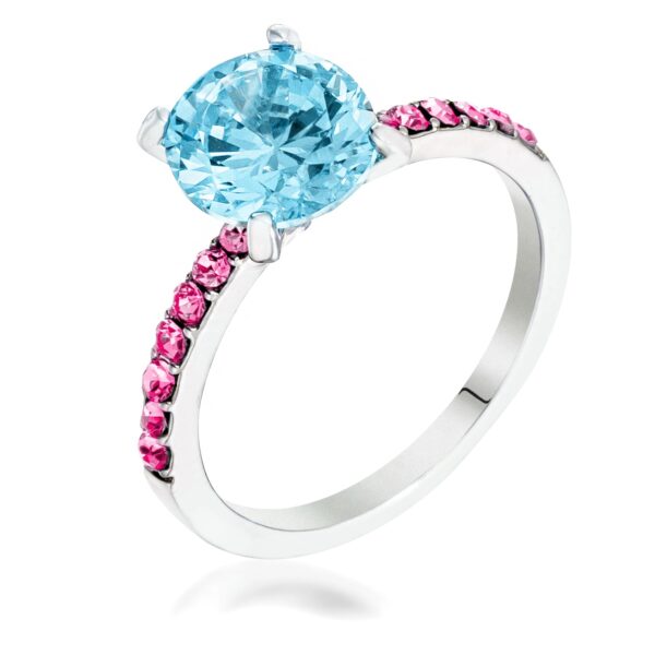 Pink and aqua round cubic zirconia in a pave setting on a rhodium plated over lead free alloy (brass) 2mm ring.