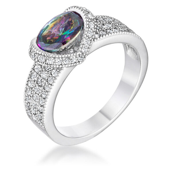 Mystic oval ring with round cubic zirconia in a prong setting, rhodium plated over lead free alloy (brass).
