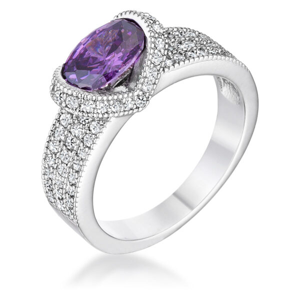 Oval amethyst-colored cubic zirconia ring in rhodium plated over lead free alloy (brass), with a prong setting and 3.5mm wide band.