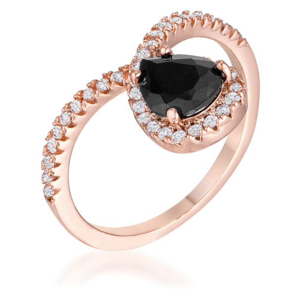 Chevron ring with onyx and round, prong-set cubic zirconia, rose gold plated.