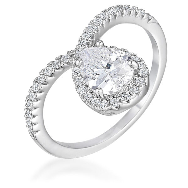 Rhodium plated chevron ring with round clear cubic zirconia in prong settings