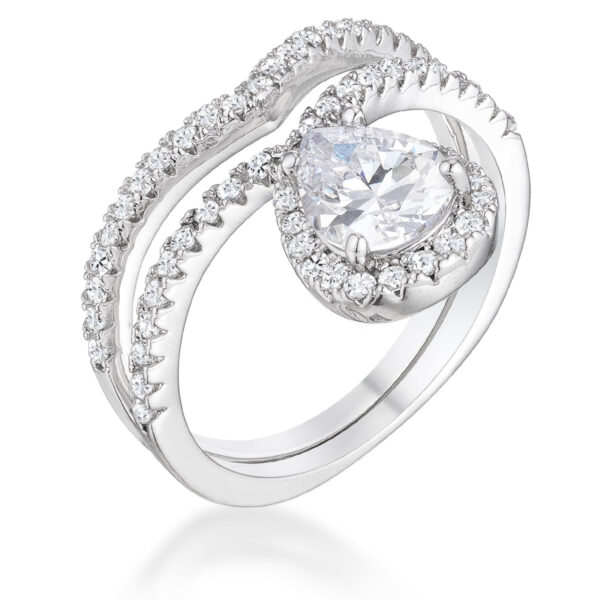 Rhodium plated chevron wedding set with round clear cubic zirconia stones in prong settings, front view