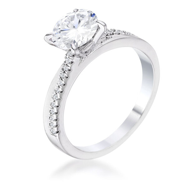 Clear round cubic zirconia engagement ring in a prong setting, rhodium plated over lead free alloy (brass).