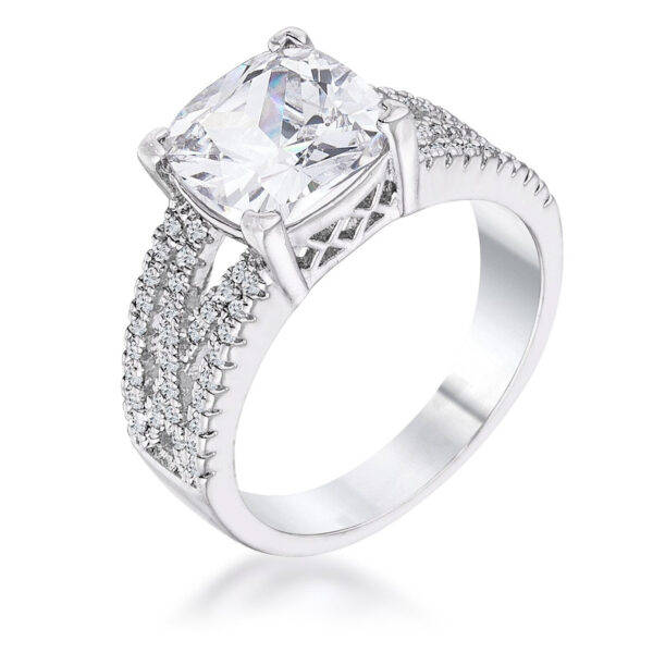 Clear cubic zirconia criss-cross engagement ring in rhodium plated over lead free alloy (brass), with prong setting.