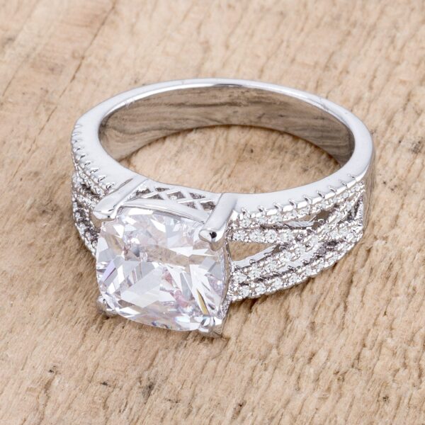 Criss-cross clear cubic zirconia engagement ring in rhodium plated over lead free alloy (brass), with a 3.8mm band.
