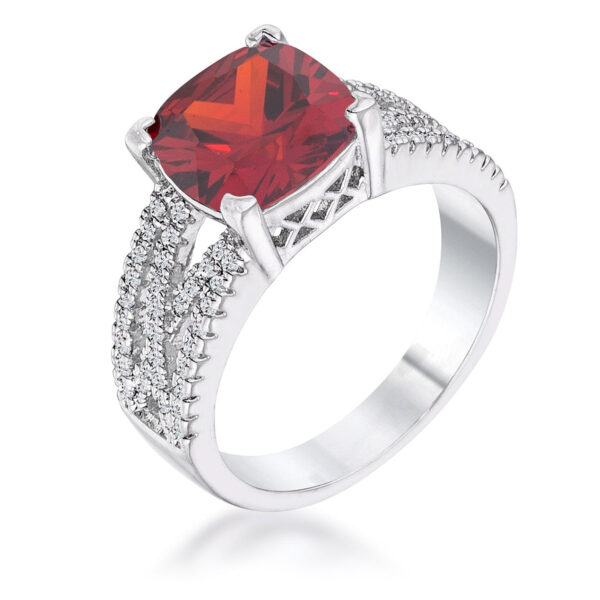 Criss-cross ring in rhodium plated over lead free alloy (brass) with garnet-colored cubic zirconia in a prong setting.