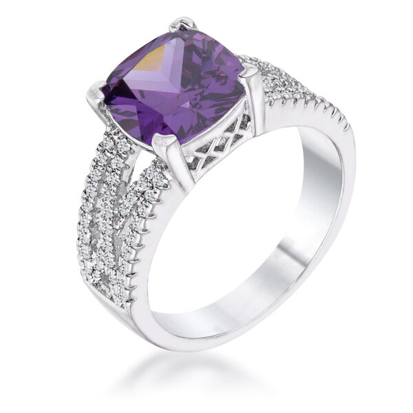 Silvertone ring with a large amethyst-colored cubic zirconia stone set atop a criss-cross band