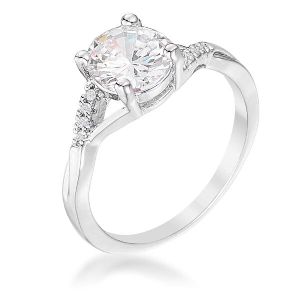 rhodium plated over lead free alloy (brass) simple engagement ring with round cubic zirconia in prong settings.