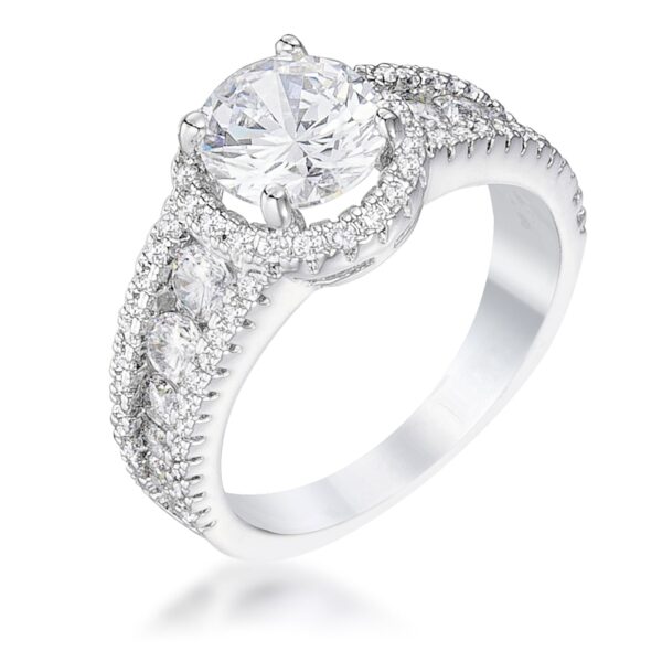 Rhodium plated over lead free alloy (brass) solitaire halo ring with round cubic zirconia in prong settings.