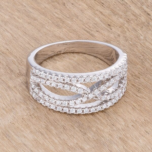 Rhodium plated over lead free alloy (brass) classic twist wide ring with round cubic zirconia in prong settings