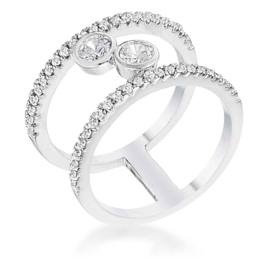 Floating bubbles ring with round cubic zirconia in prong settings and a silver tone over lead free alloy (brass) finish.