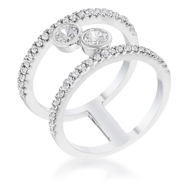 Floating bubbles ring with round cubic zirconia in prong settings and a silver tone over lead free alloy (brass) finish.