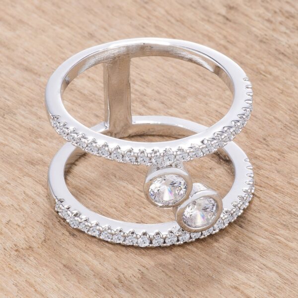 Round cubic zirconia floating bubbles ring in prong settings with a silver tone over lead free alloy (brass) finish.