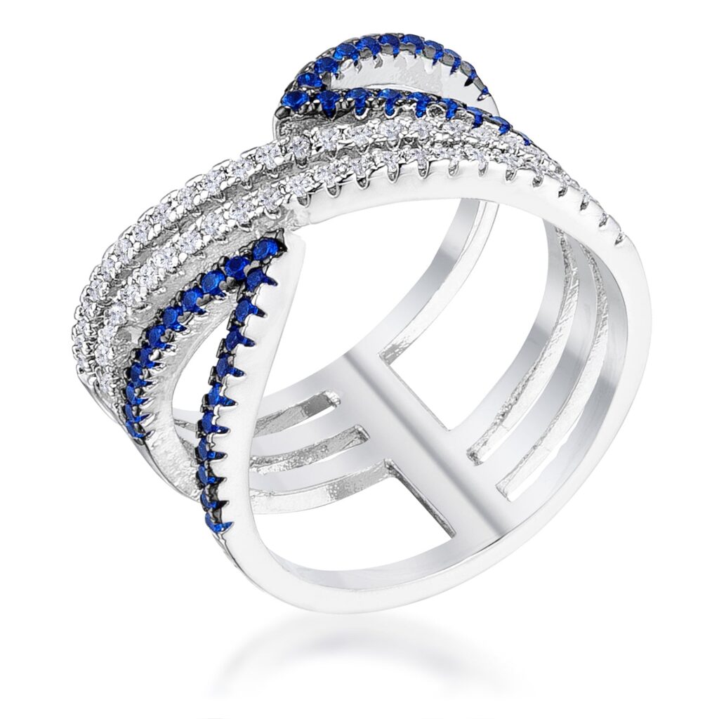 Blue and clear cubic zirconia and hematite micro pave set crossover ring in silver tone over lead free alloy (brass)