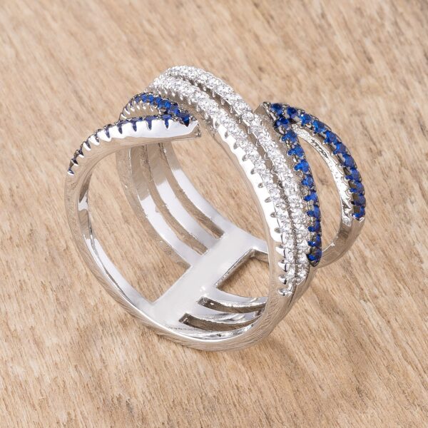Contemporary crossover ring with blue and clear cubic zirconia, hematite, and a silver tone over lead free alloy (brass) finish