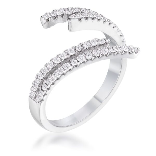 Delicate wrap ring in silver tone over lead free alloy (brass) with round cubic zirconia in prong settings
