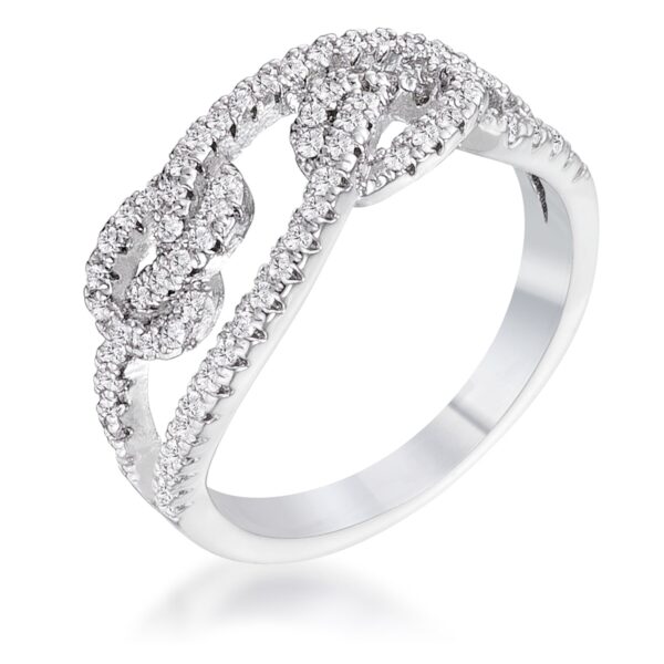 Pave double-knot ring in silver tone over lead free alloy (brass) with round 1.5mm cubic zirconia in prong settings